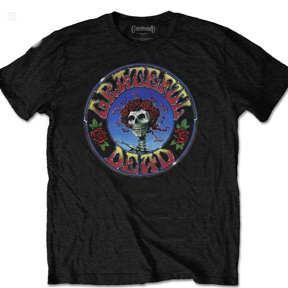 Grateful Dead Black Tee with Colorful Skull & Rose Emblem